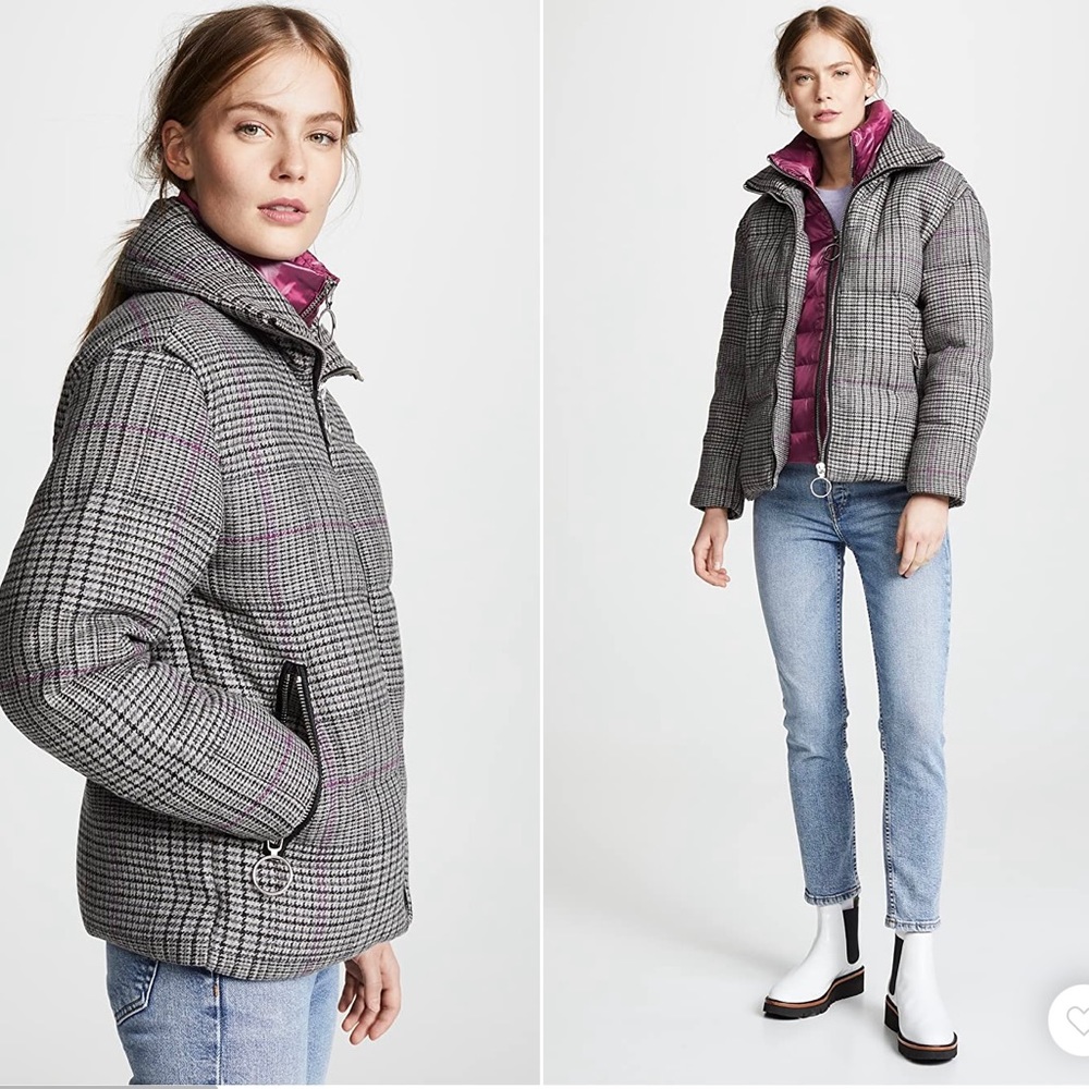 The Very Warm Alma Wool Plaid Puffer Coat w/ Artwork Lining